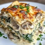Cremige Lasagne mit Spinat und Champignons auf einem Teller serviert