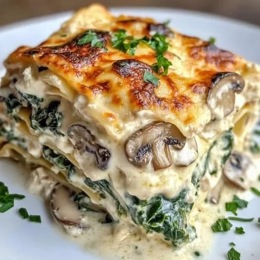 Cremige Lasagne mit Spinat und Champignons auf einem Teller serviert