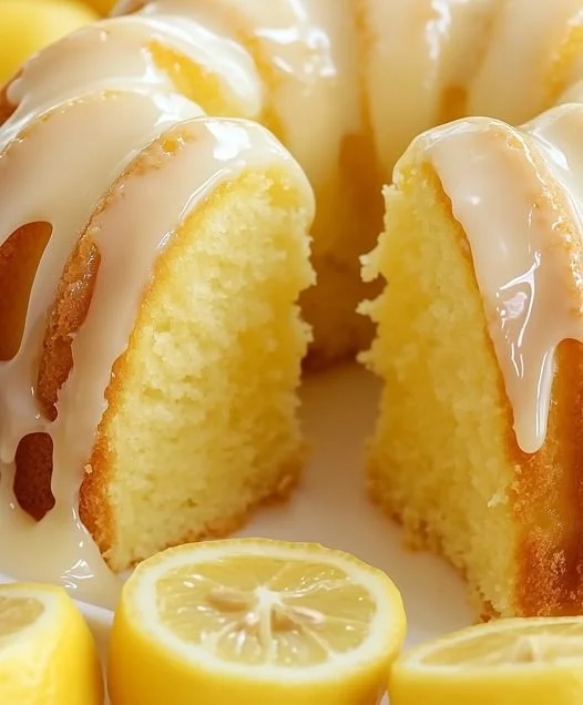 Ultrasaftiger Zitronen Gugelhupf mit Joghurt auf einem Kuchenstand.