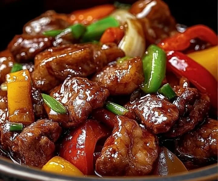 Aromatisches chinesisches Rindfleisch mit Zwiebeln und Paprika auf einem Teller
