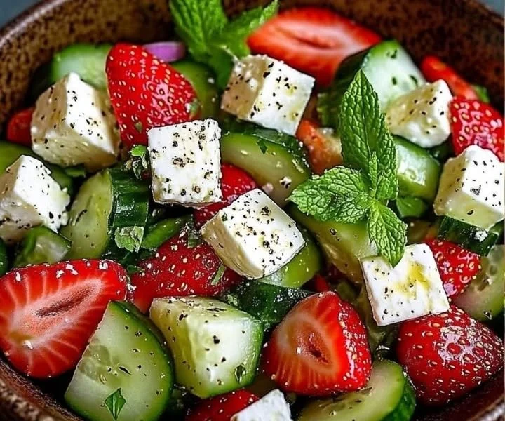 Erdbeer-Gurken-Salat mit Minze und Feta auf einem Teller