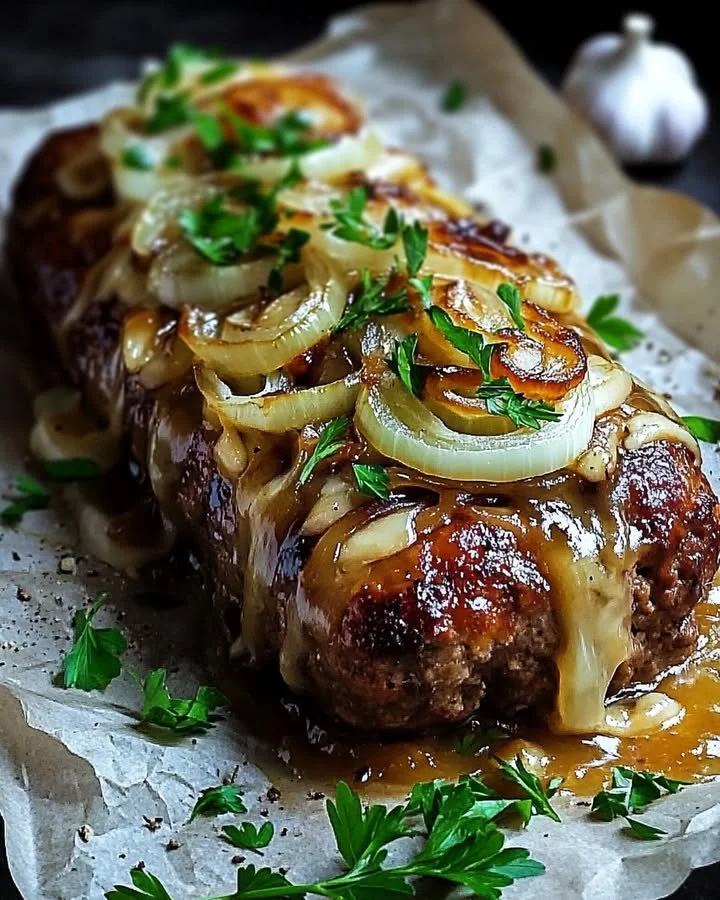 Französischer Zwiebelhackbraten mit Zwiebeln und Gewürzen