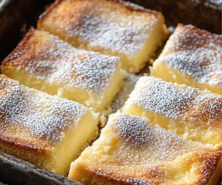 Quarkkuchen vom Blech mit Vanillepudding auf einem Teller serviert