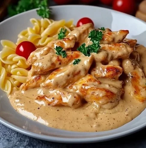 Zarte Hähnchenstreifen mit cremigen Nudeln in sahniger Sauce