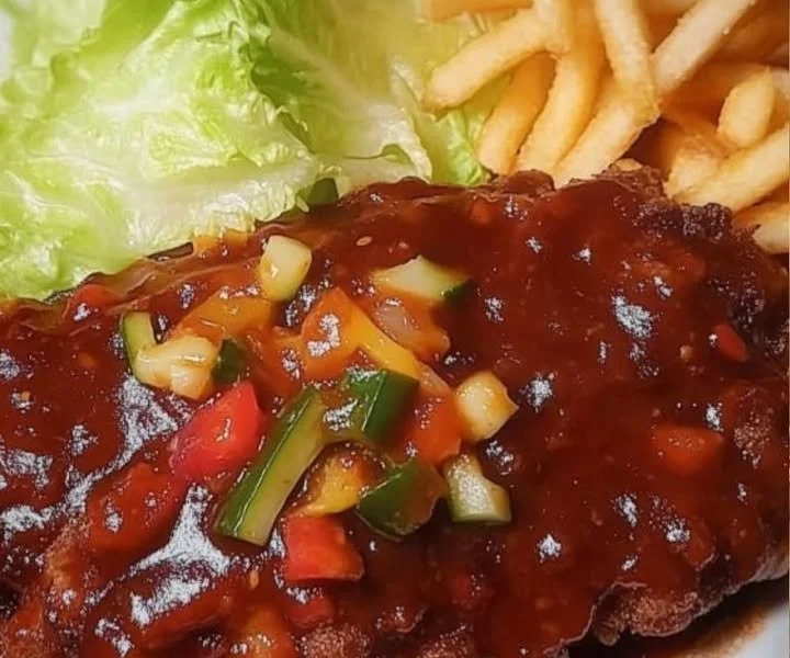 Zigeunerschnitzel serviert mit Salat und Pommes auf einem Teller