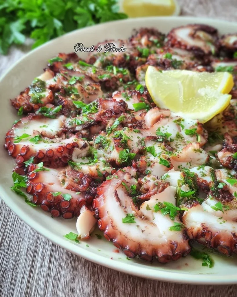 Piatto di Carpaccio di Polpo fresco e appetitoso, servito con condimenti.