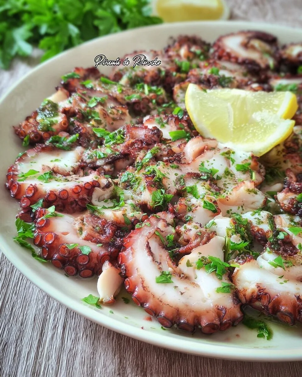 Piatto di Carpaccio di Polpo fresco e appetitoso, servito con condimenti.