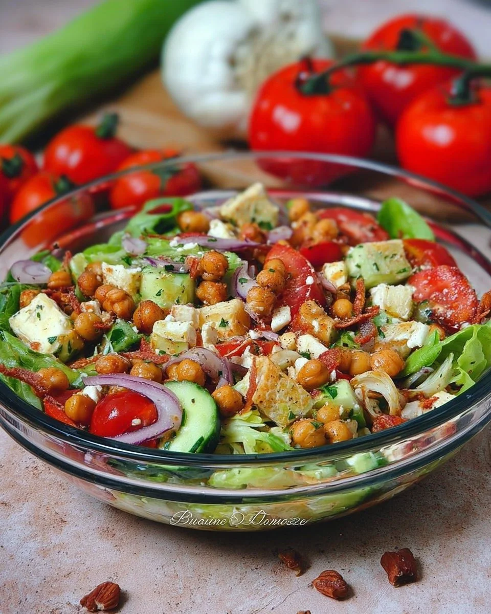 Insalata con Ceci Croccanti al Forno servita in un piatto colorato