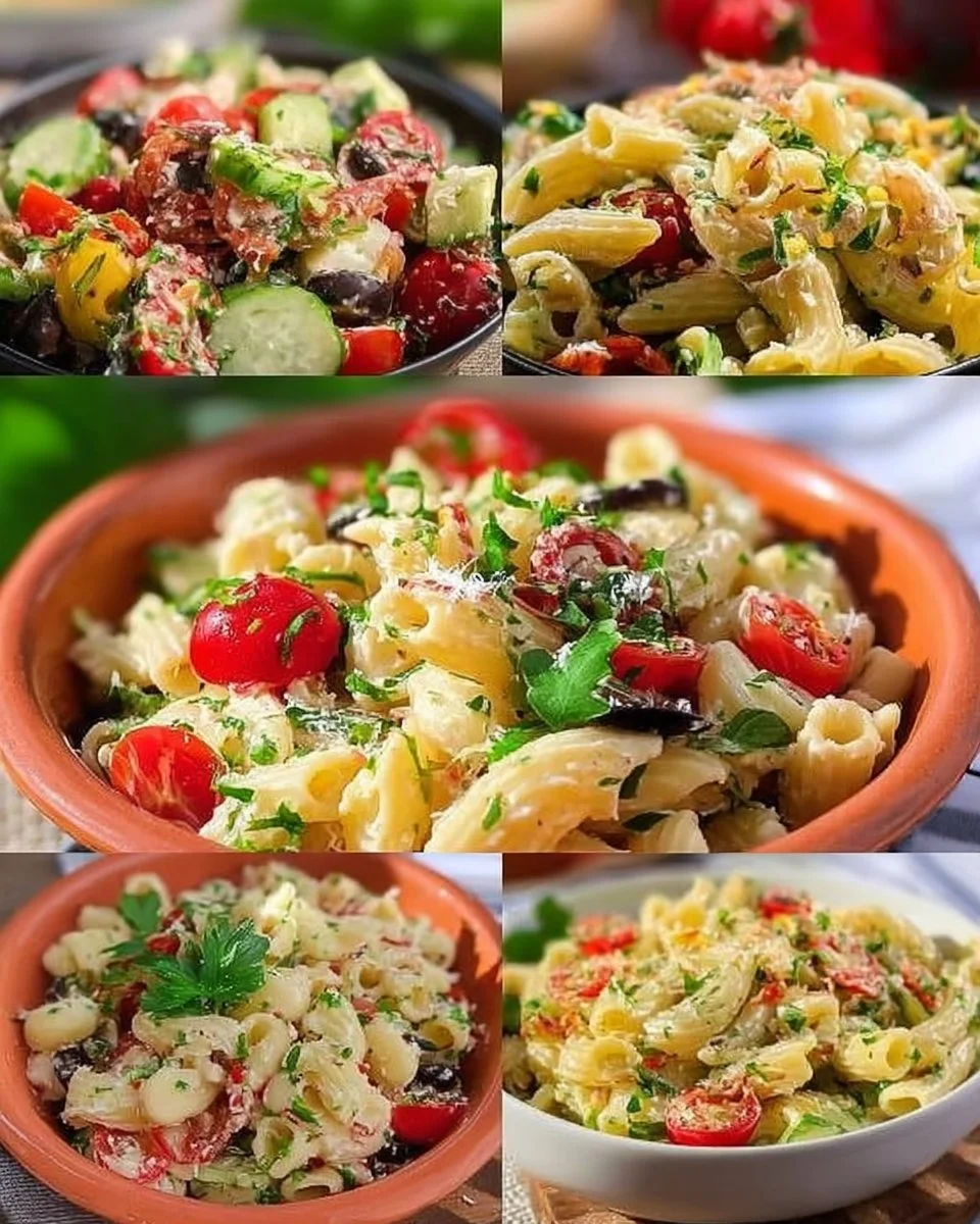 Insalata di Pasta fresca con verdure e condimenti, pronta da servire.