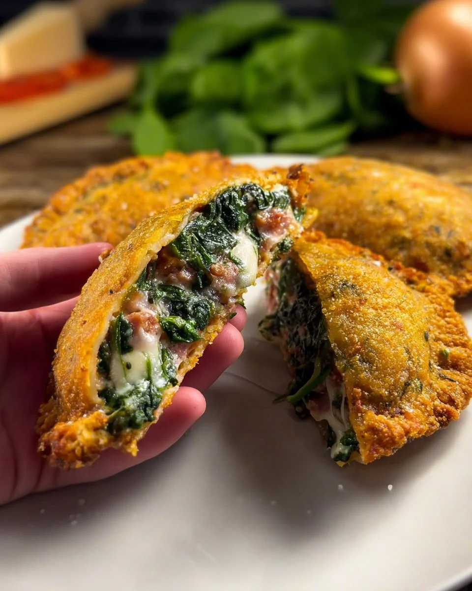 Panzerotti di carne e spinaci appena cotti su un piatto rustico