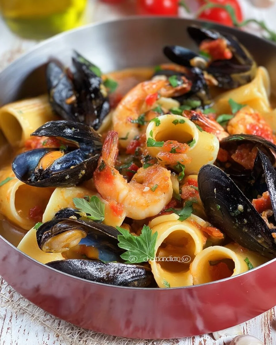 Pasta con Cozze e Gamberetti servita in un piatto elegante