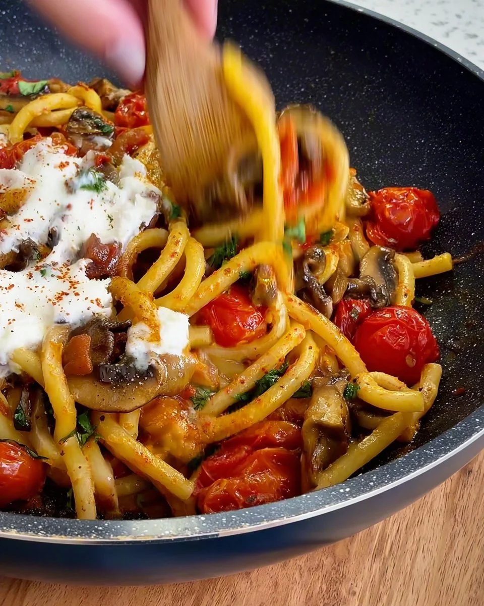 Pasta con Pomodorini e Funghi Cardoncelli con ingredienti freschi e colorati