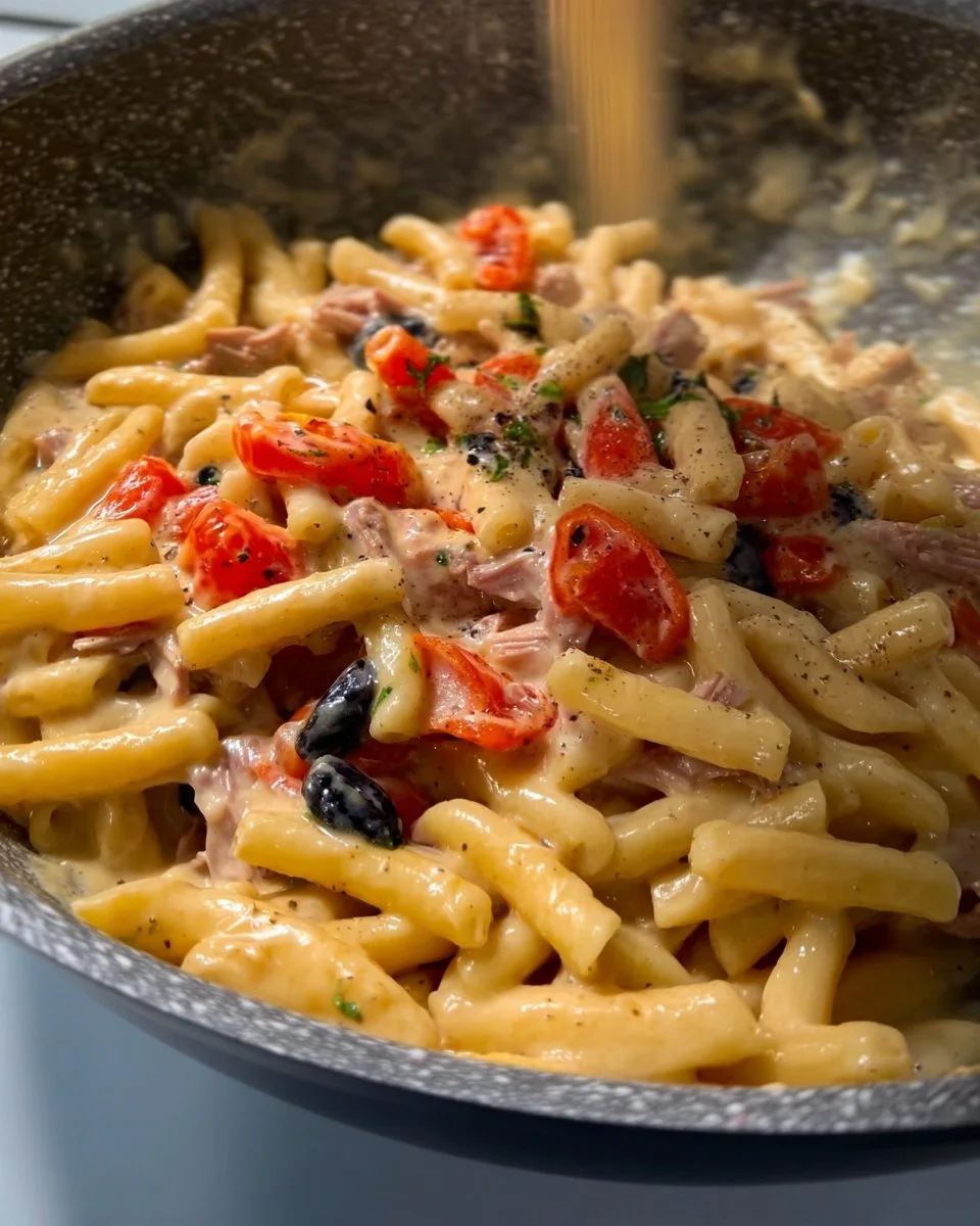 Pasta Tonnata servita con salsa tonnata e guarnizioni fresche.