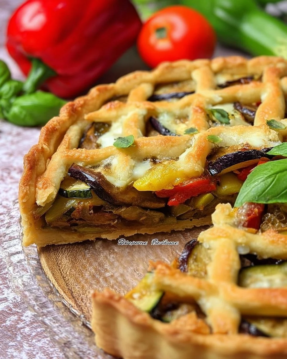Torta salata con verdure grigliate e formaggio appena sfornata