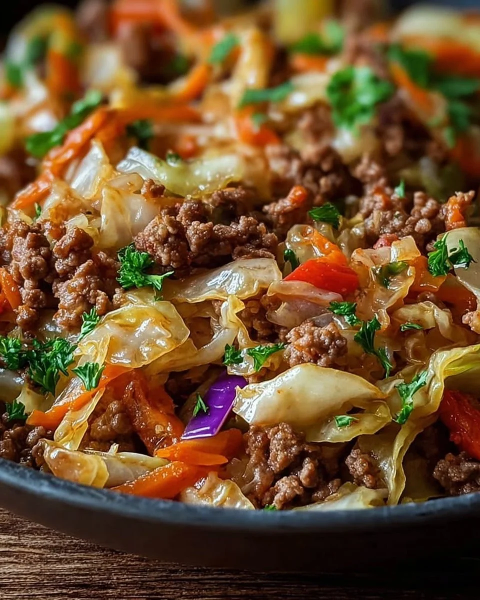 Gesunde 20-Minuten Hackfleisch-Kohl-Pfanne in einer großen Pfanne mit frischem Gemüse