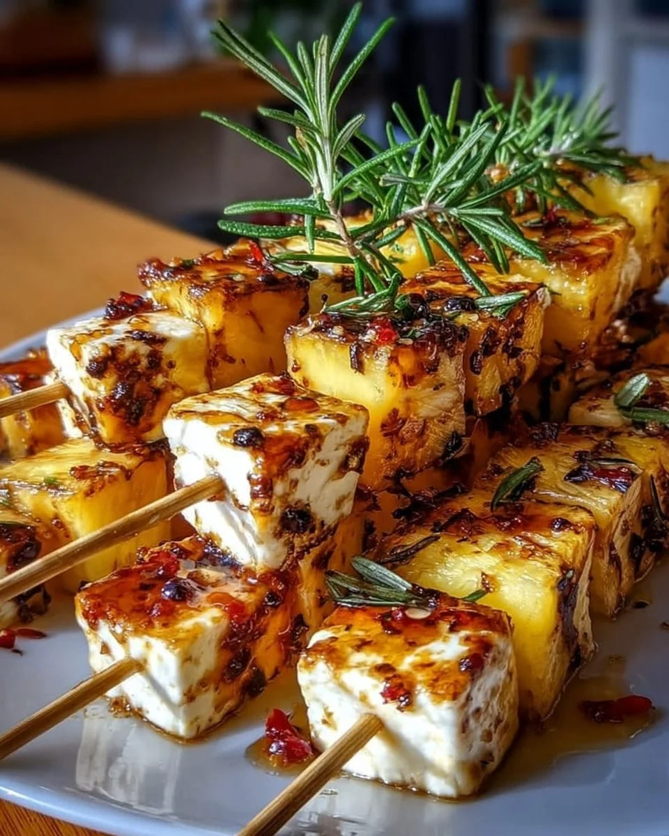 Ananas-Feta-Spieße mit Rosmarin und Chilihonig auf einem Teller
