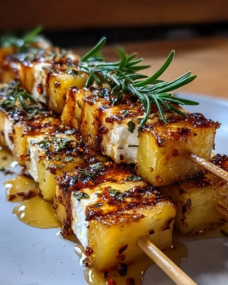 Ananas-Feta-Spieße mit Rosmarin und Chilihonig auf einem Teller
