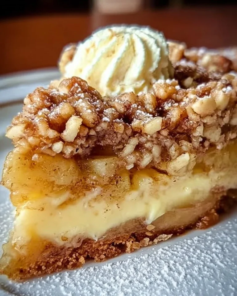 Leckerer Apfel-Nusskuchen serviert mit Vanillepudding auf einem Teller.