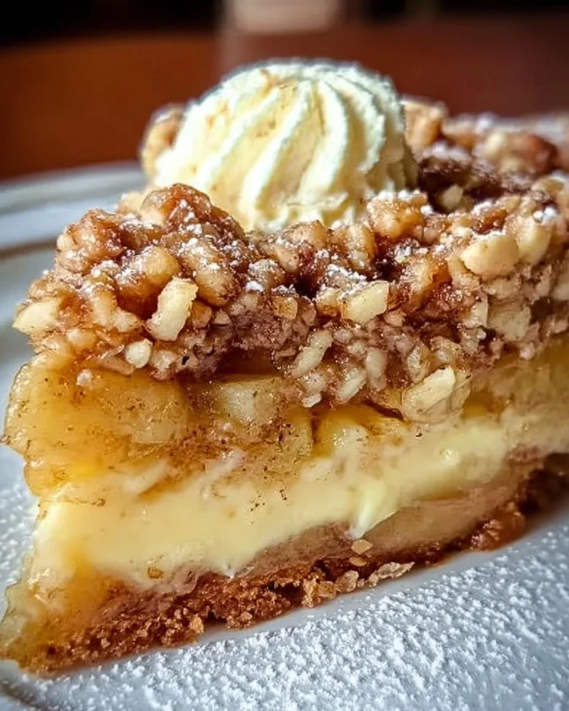 Leckerer Apfel-Nusskuchen serviert mit Vanillepudding auf einem Teller.