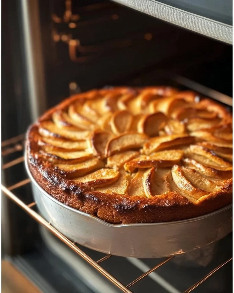 Ein köstlicher Apfelkuchen frisch aus dem Ofen, garnierte mit Puderzucker.