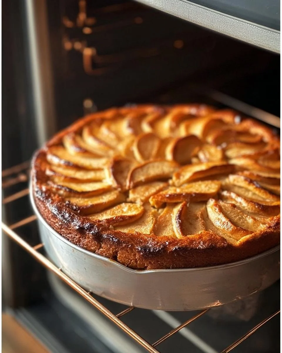 Ein köstlicher Apfelkuchen frisch aus dem Ofen, garnierte mit Puderzucker.