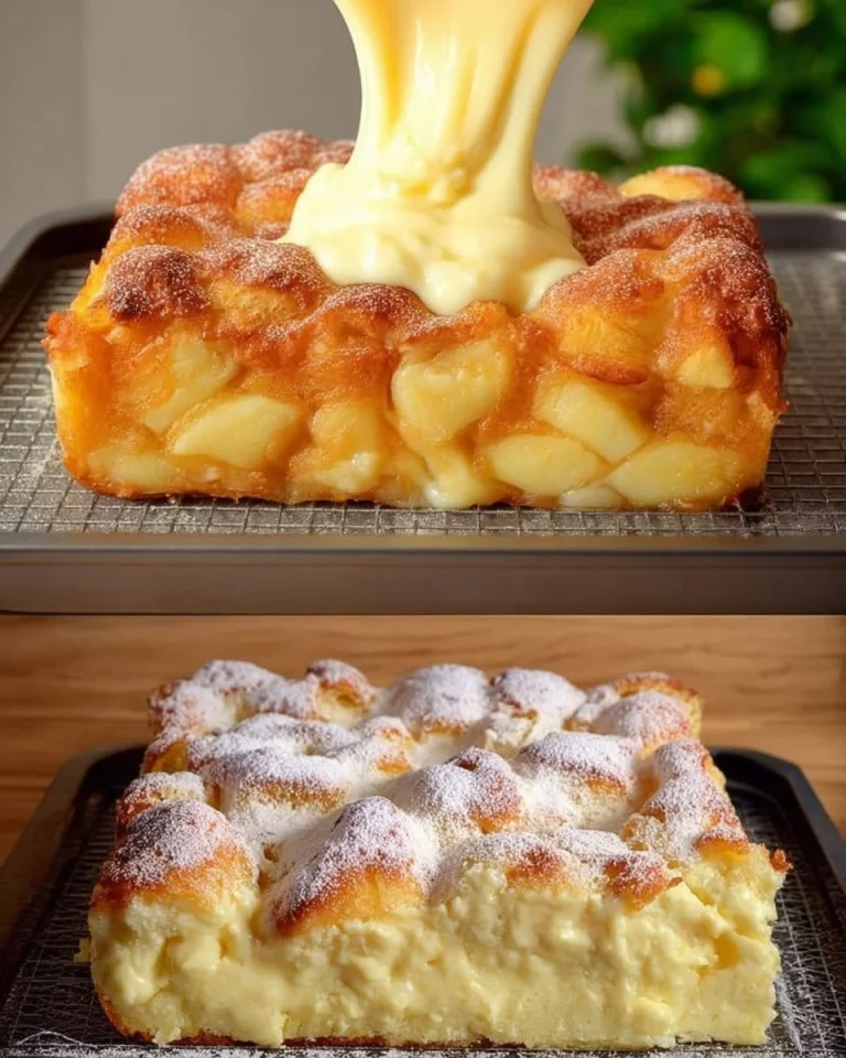 Saftiger Apfelkuchen mit cremigem Vanillepudding auf einem Teller serviert.