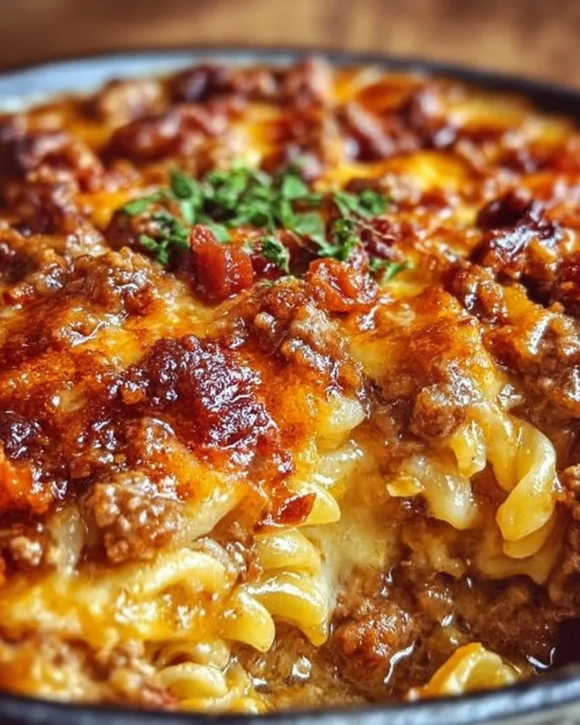 Arme-Leute-Auflauf auf einem Teller serviert, mit frischen Zutaten.