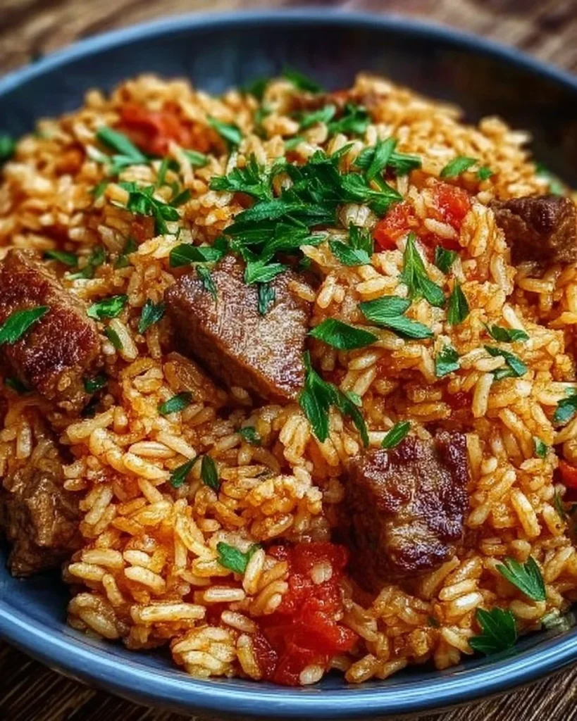 Plato de arroz con carne serbia servido en un plato hondo