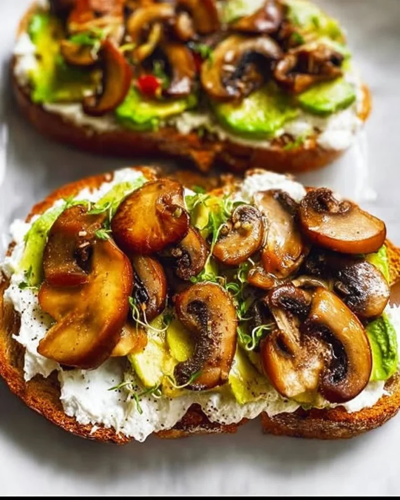 Avocado-Pilz-Brot mit Frischkäse auf einem Tisch angerichtet