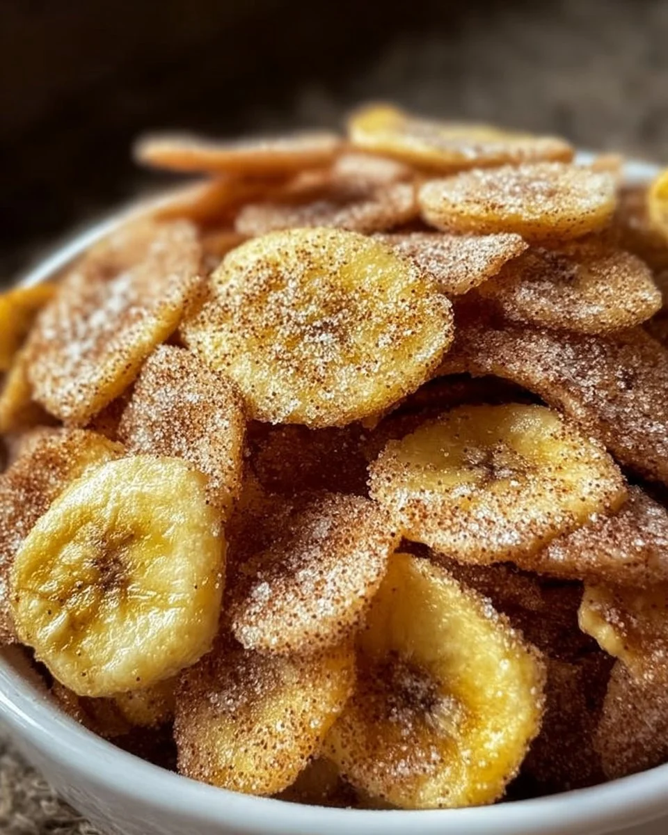 Hausgemachte Bananenchips mit Zimt und Zucker auf einem Holzbrett