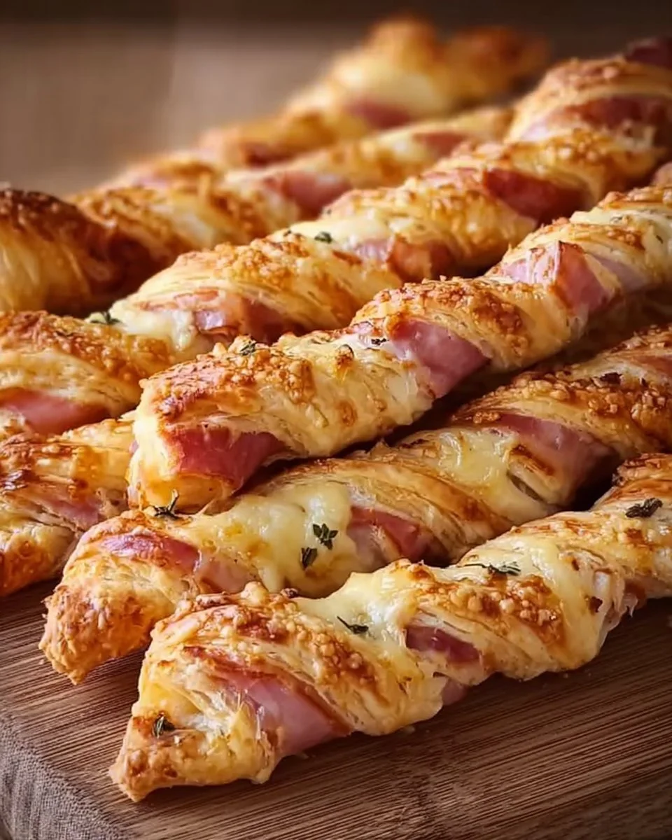 Blätterteig Stangen mit Schinken und Käse auf einem Teller serviert