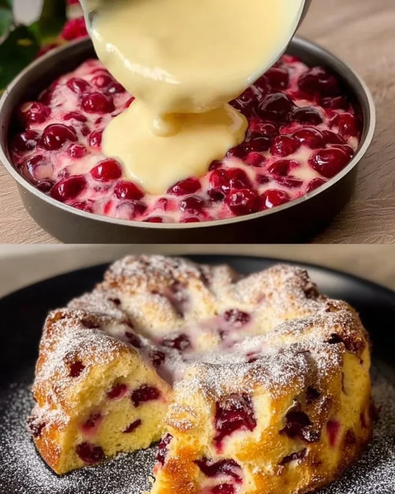 Blitz Kirschkuchen mit Pudding auf einem weißen Teller, dekoriert mit Kirschen.