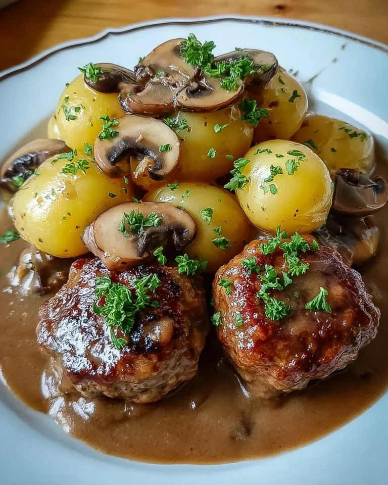 Bouletten mit Champignon-Waldpilzsoße und Kartoffeln auf einem Teller