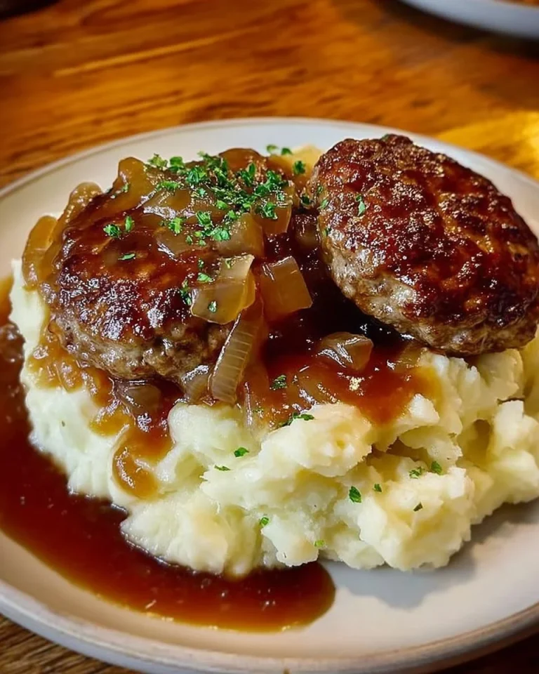 Buletten mit Kartoffelbrei und Zwiebelsoße auf einem Teller serviert