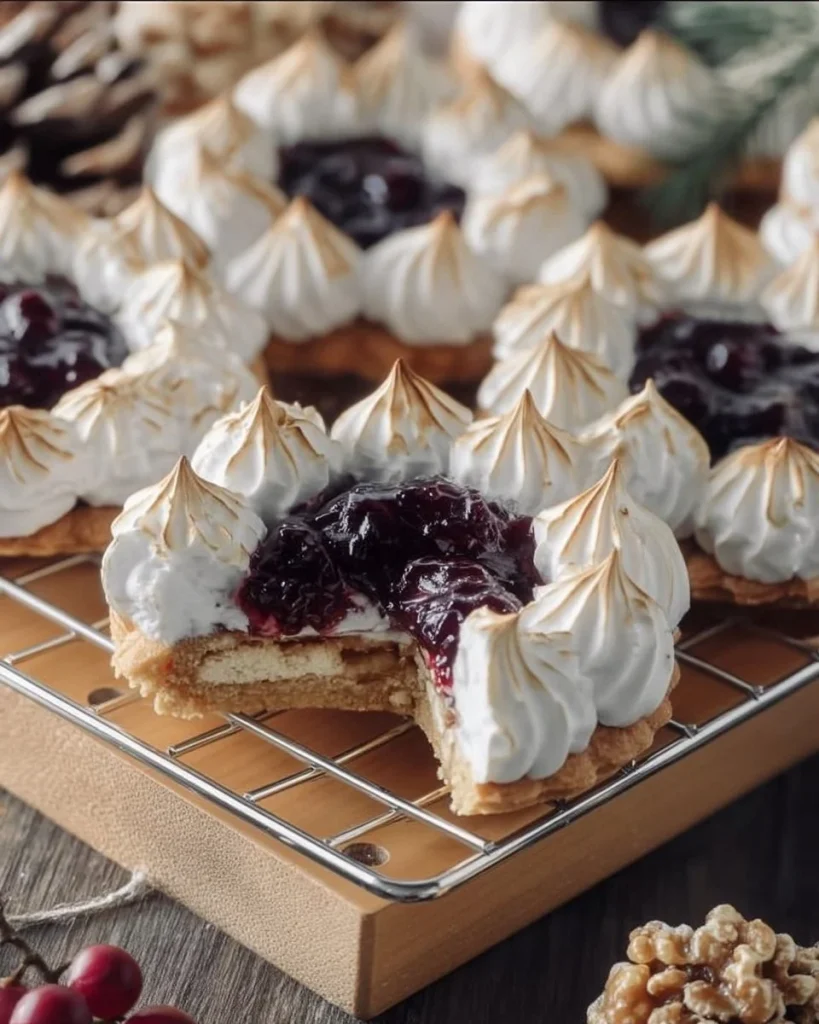 Burgenländer Plätzchen mit Walnuss-Mürbeteig, Baiser und Johannisbeeren-Gelee auf einem Teller