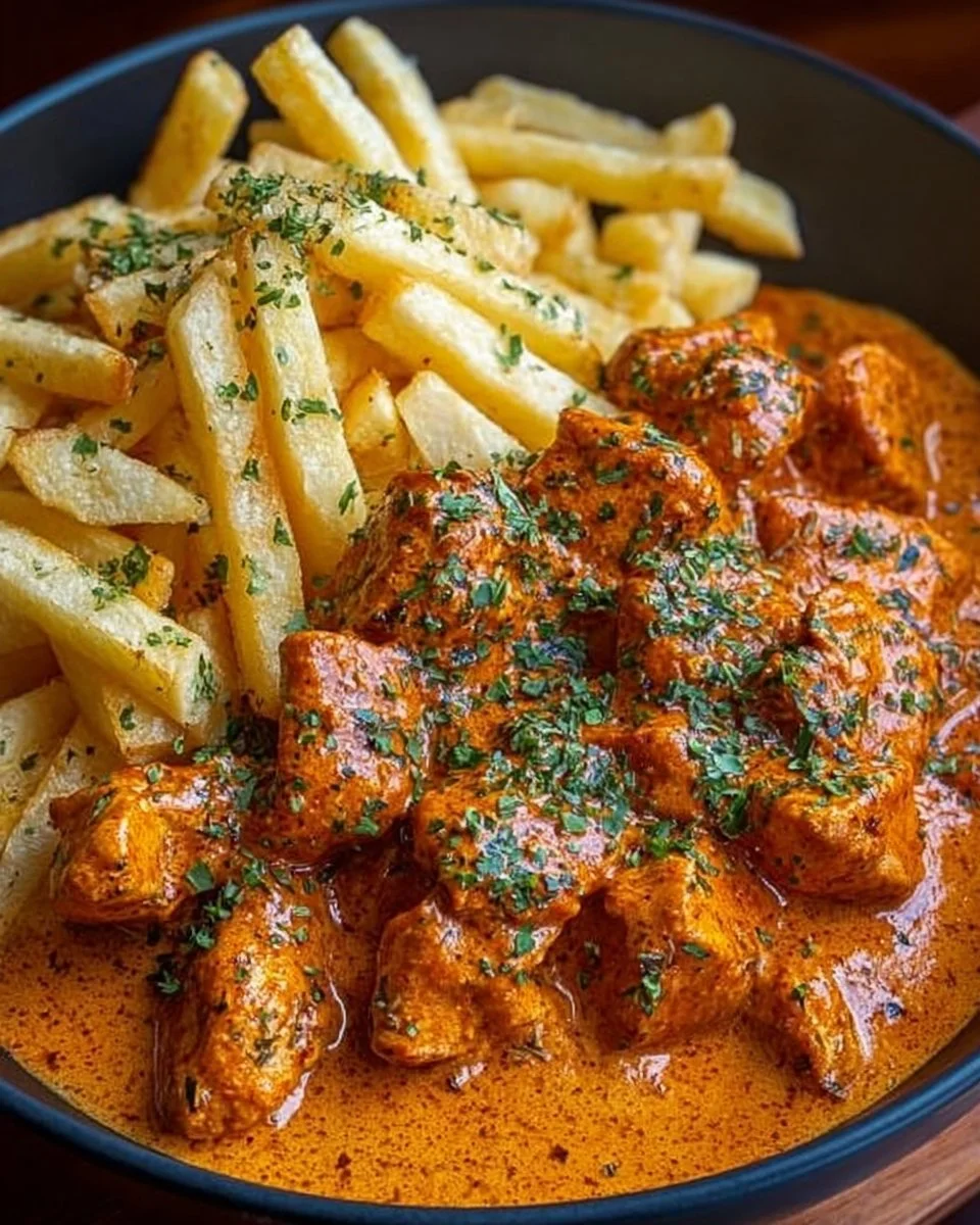 Butter Chicken mit Knoblauchsauce und knusprigen Pommes auf einem Teller