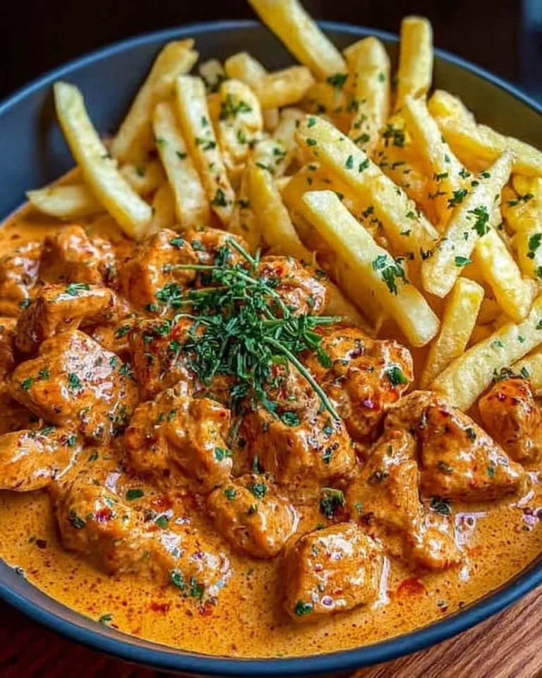 Butter Hähnchen mit Knoblauchsauce und knusprigen Pommes auf einem Teller