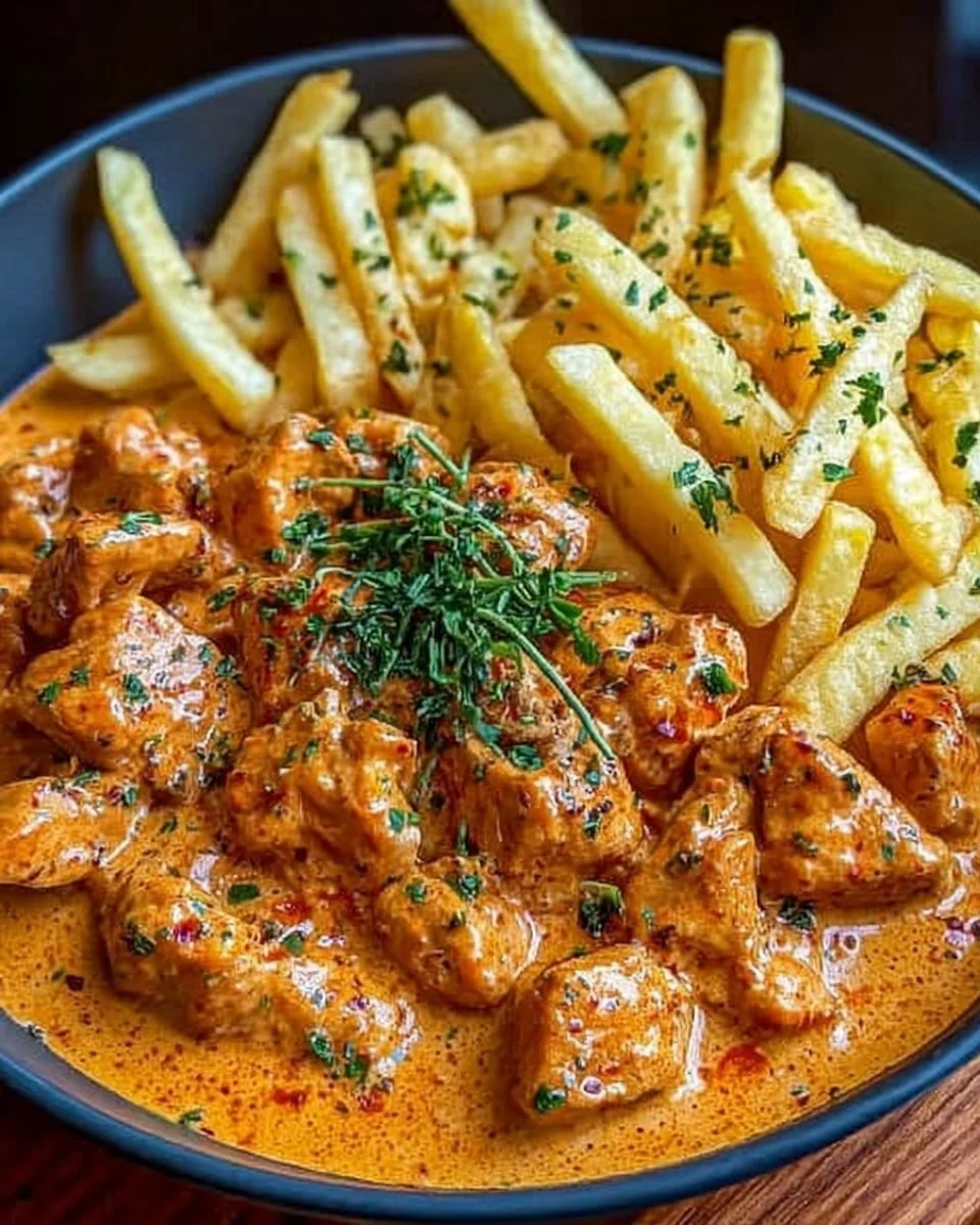 Butter Hähnchen mit Knoblauchsauce und knusprigen Pommes auf einem Teller