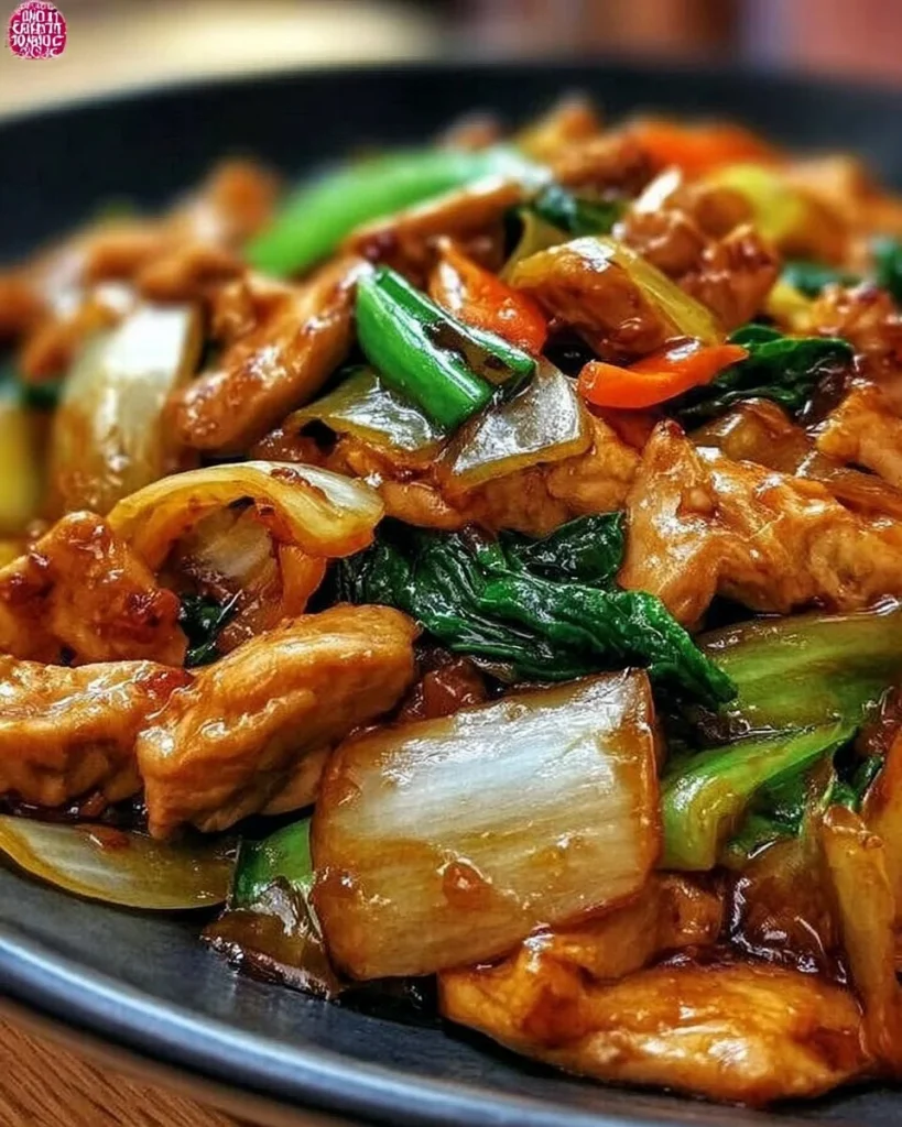 Chinesische Hähnchenpfanne mit Spitzkohl und Zwiebel auf einem Teller