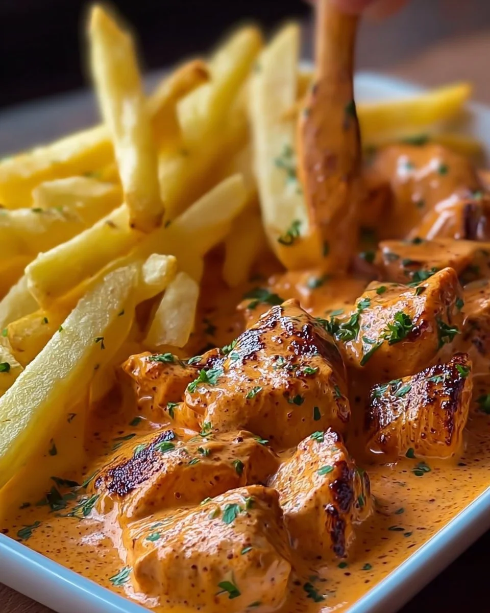 Cremiges Paprika-Rahm-Hühnchen mit knusprigen Pommes auf einem Teller serviert