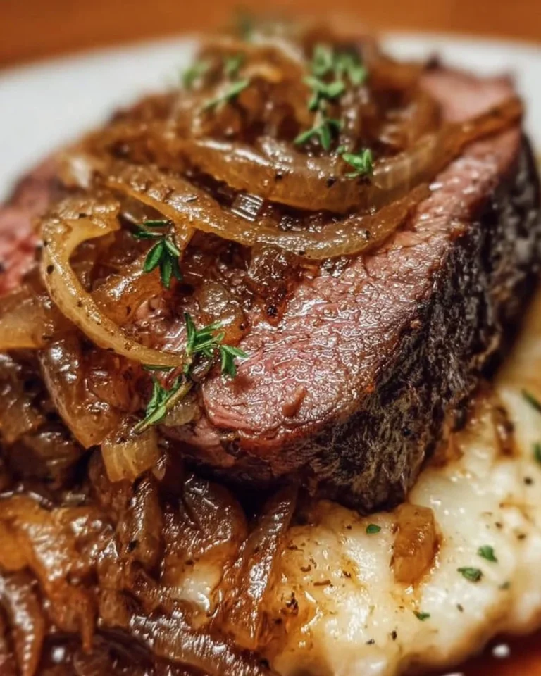 Deutsches Roastbeef mit Zwiebeln auf einem eleganten Teller serviert.