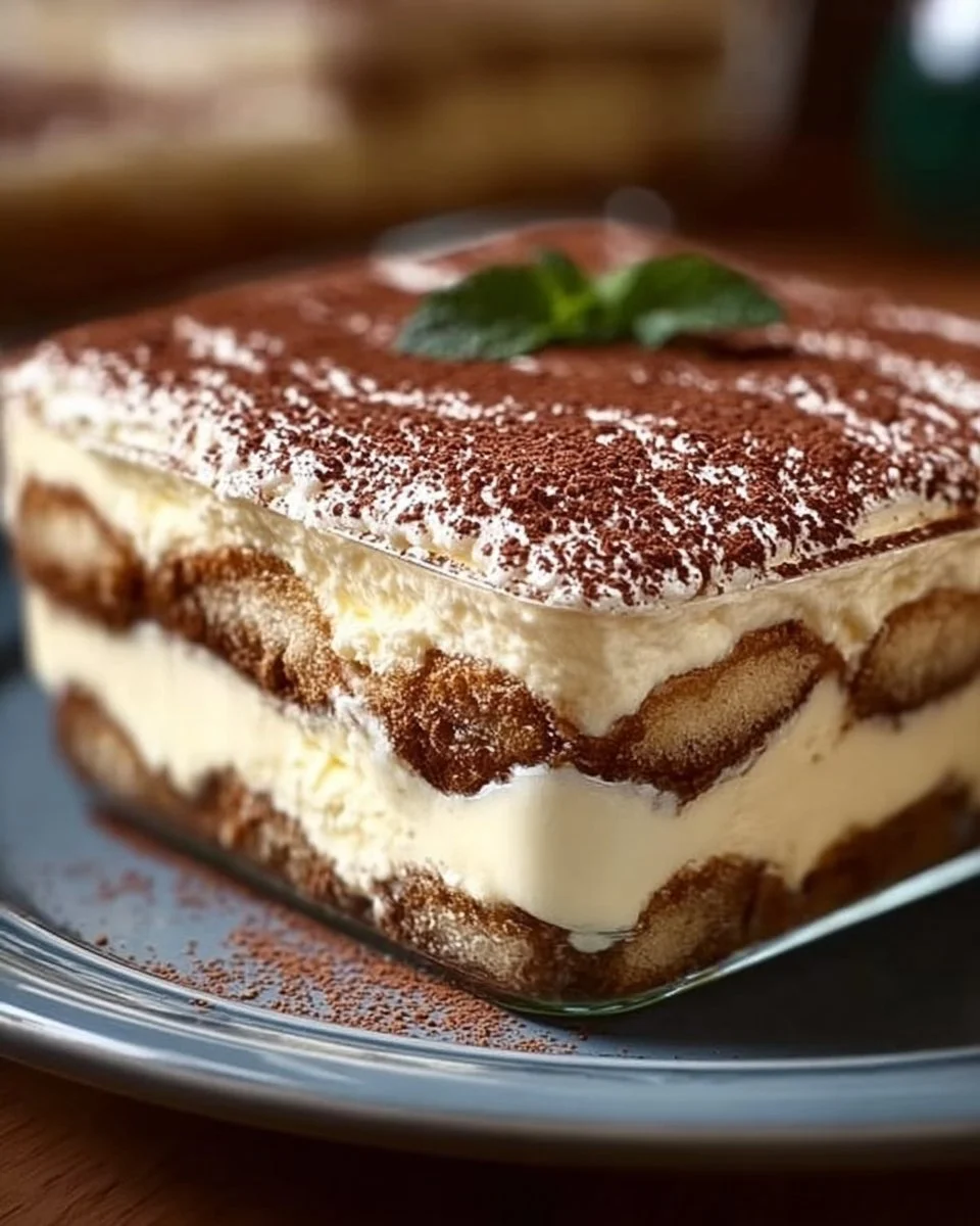 Eierlikör-Tiramisu mit Mascarpone, verziert mit Kakaopulver