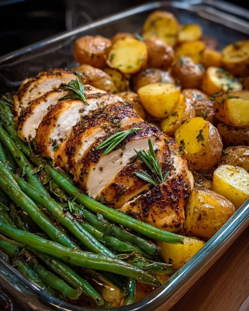 Ein schmackhaftes Blech-Hähnchen mit Rosmarin-Kartoffeln und Knoblauchbohnen.