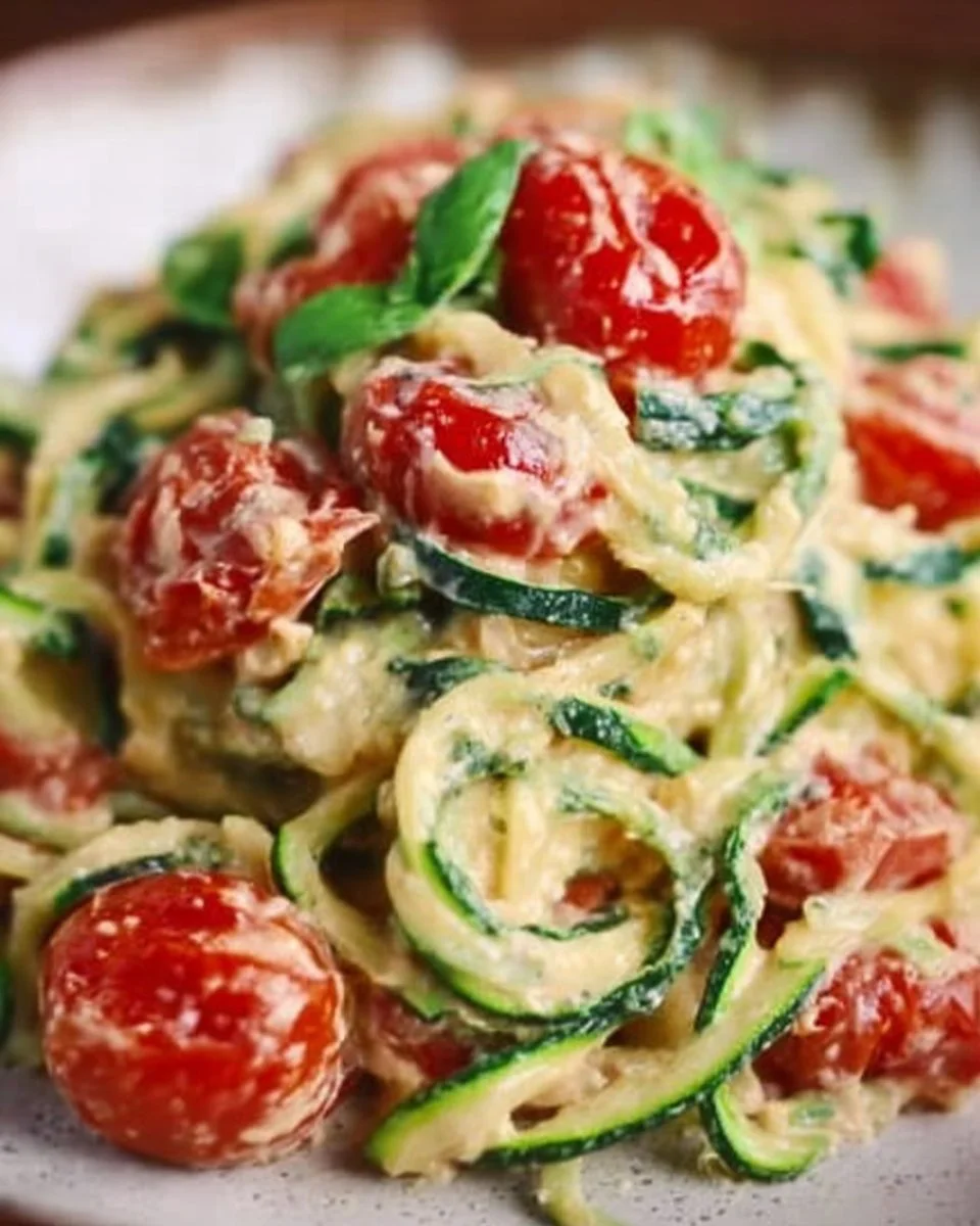 Plato de espaguetis de calabacín con salsa de queso crema y tomates frescos