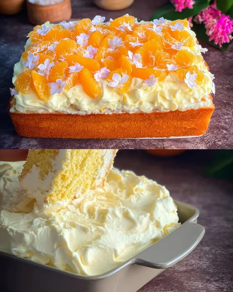 Fantakuchen mit Mandarinen und Paradiescreme auf einem Teller