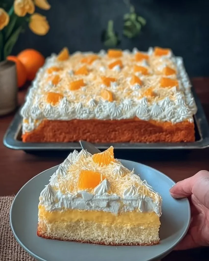 Fantakuchen mit Paradiescreme und Mandarinen auf einem schönen Teller