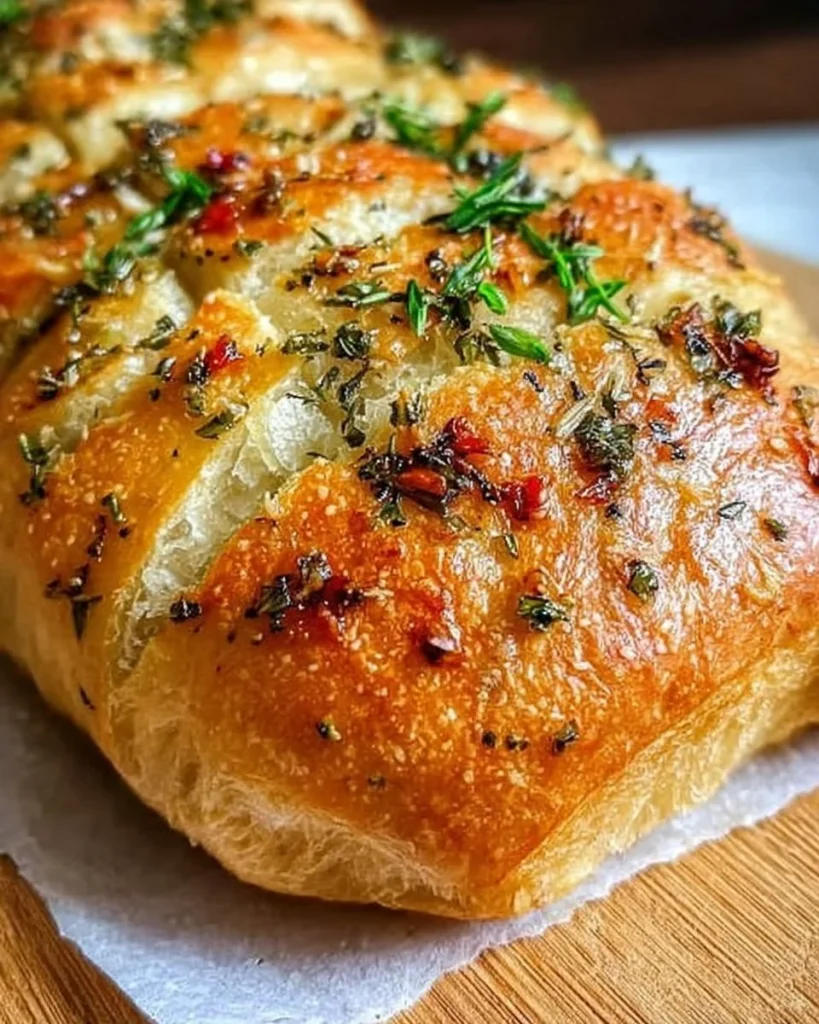 Faules Knoblauchbrot mit frischem Knoblauch und Kräutern auf dem Tisch