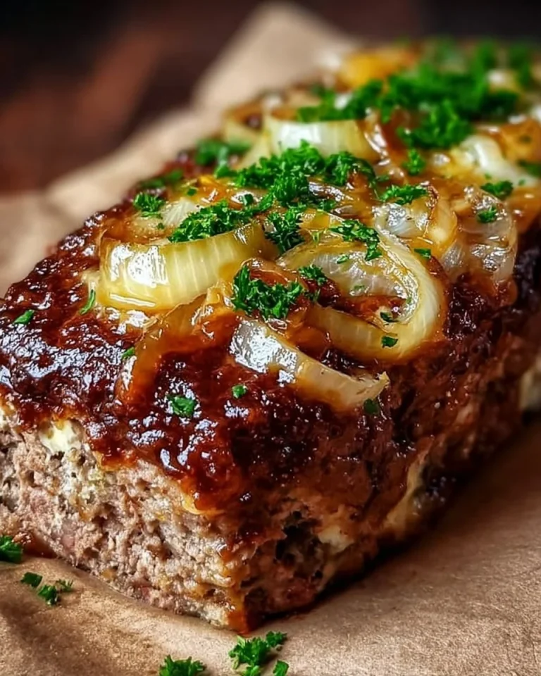 Französischer Zwiebelhackbraten mit köstlicher Zwiebelsoße und frischen Kräutern.