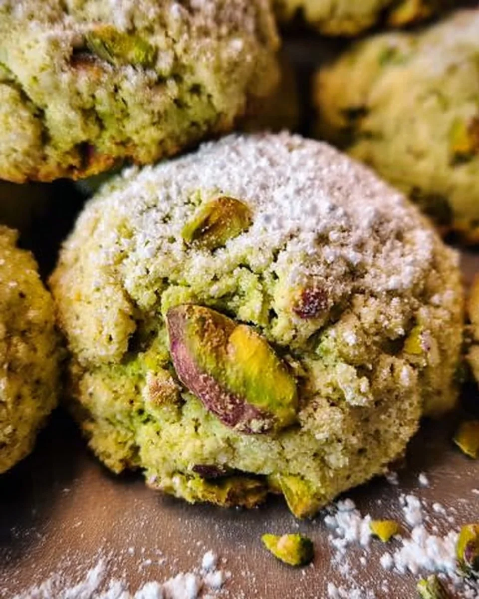 Galletas de pistacho sin harina recién horneadas en una bandeja