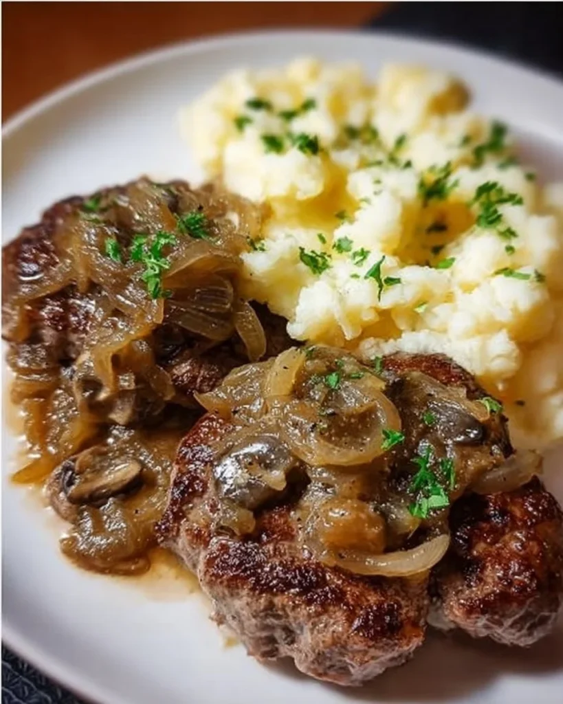 Gebratene Leber mit Püree, Zwiebeln und Champignons in Rahmsoße auf einem Teller
